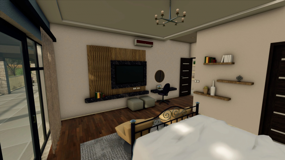 Interior of a modern bedroom in Farming Simulator 25 with a TV, desk, shelves, and a bed, showcasing the Little House PC only v1.0.0.0 mod.
