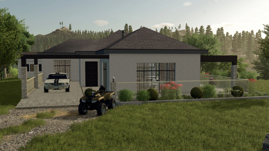 A modern house with a driveway, parked car, ATV, and garden, shown in Farming Simulator 25 with Little House PC only v1.0.0.0 mod.