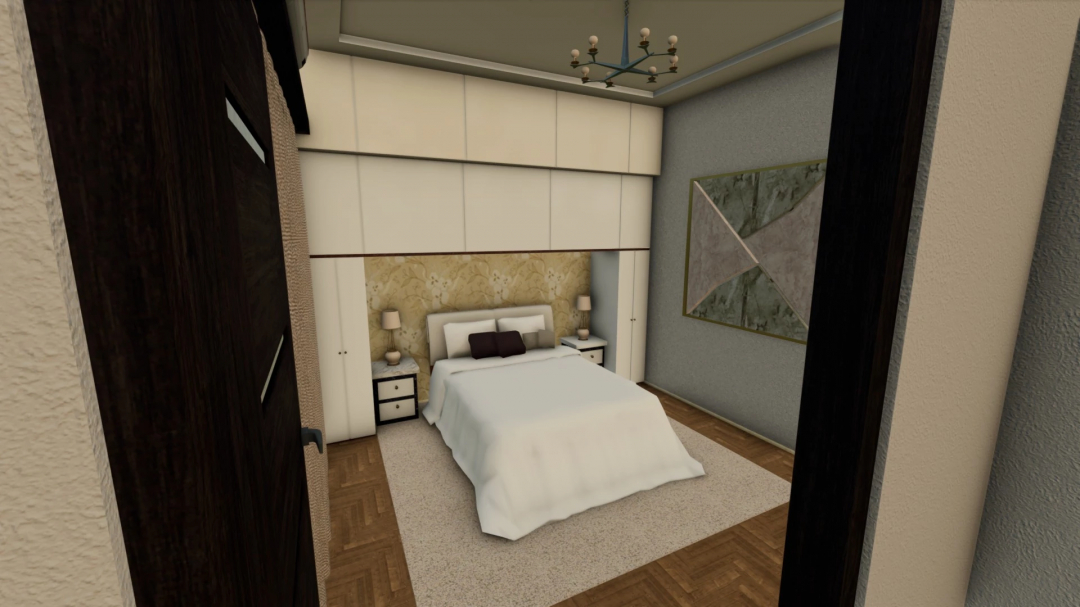 Inside view of a bedroom in Farming Simulator 25 with a bed, nightstands, lamps, and wall art, featuring the Little House PC only v1.0.0.0 mod.