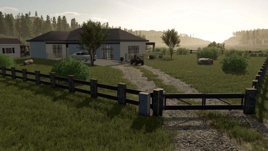 Farming Simulator 25 mod: A peaceful rural scene with a modern house, trees, a quad bike, and a driving path, highlighting the Little House PC only v1.0.0.0 mod.