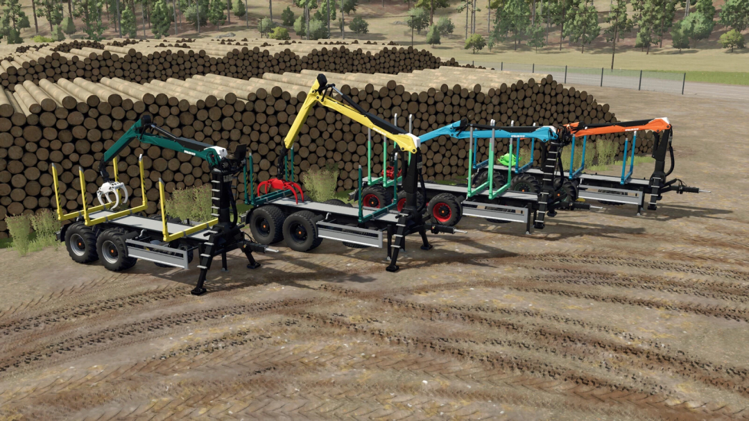 FS25 mods: Lizard Forest Trailer Pack v1.0.0.0 with multiple log transport trailers on a dirt ground.