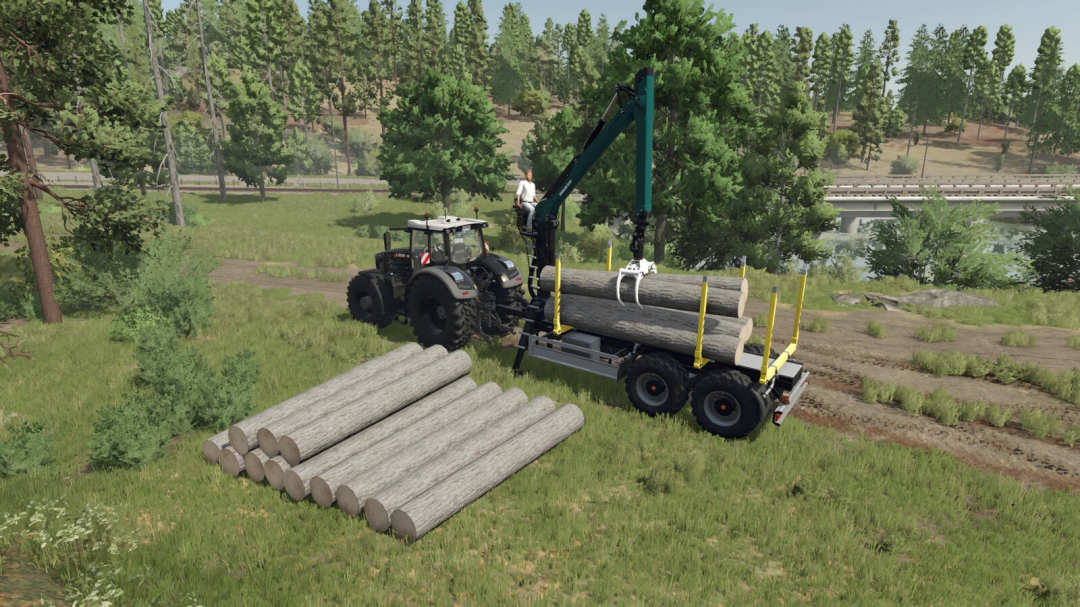 Farming Simulator 25 mod: logging with a forest trailer pack using a tractor and crane to load logs, set in a forested area.