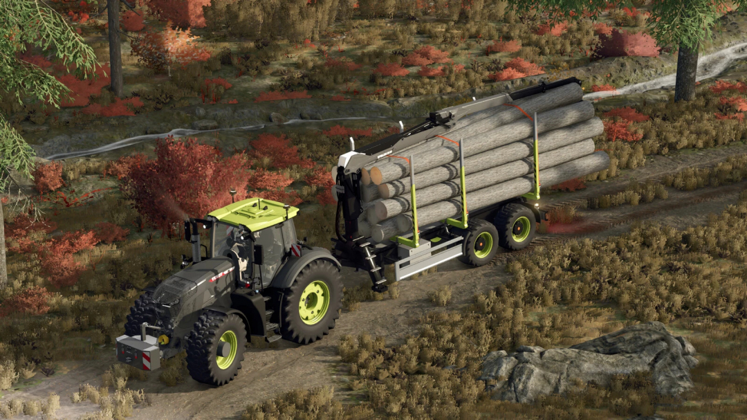 Farming Simulator 25 mod showing a tractor hauling a log trailer loaded with timber, part of the FS25 mods collection.