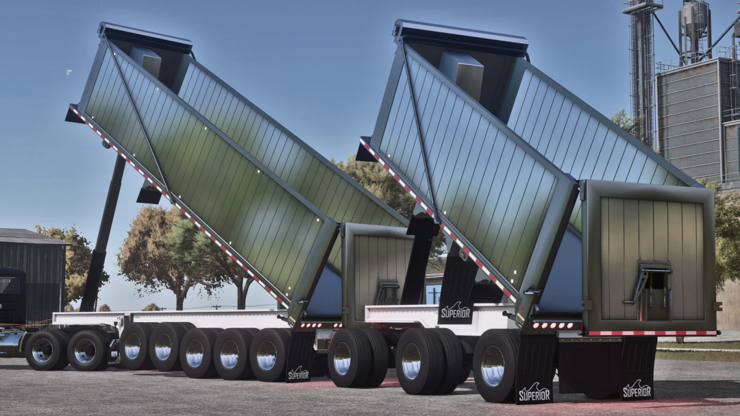 Farming Simulator 25 mods: Lizard Superior End Dump Trailer Pack v1.0.0.0 with two hydraulic tip trailers displayed outdoors.