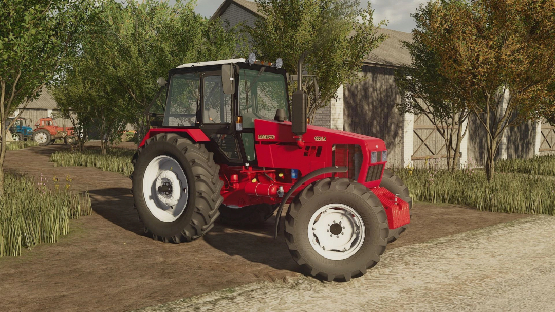 Red Belarus tractor mod in Farming Simulator 25, parked outdoors on a farm with trees and buildings in the background.