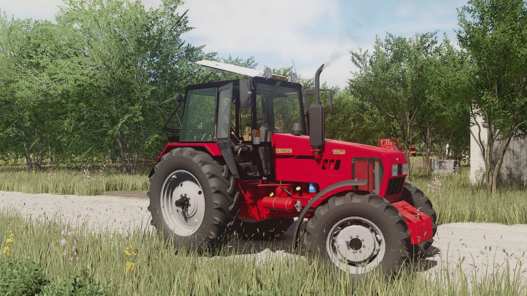 Farming Simulator 25 mods - Red MTZ 1221.3 Novi Tip tractor in a rural landscape with trees and grass.