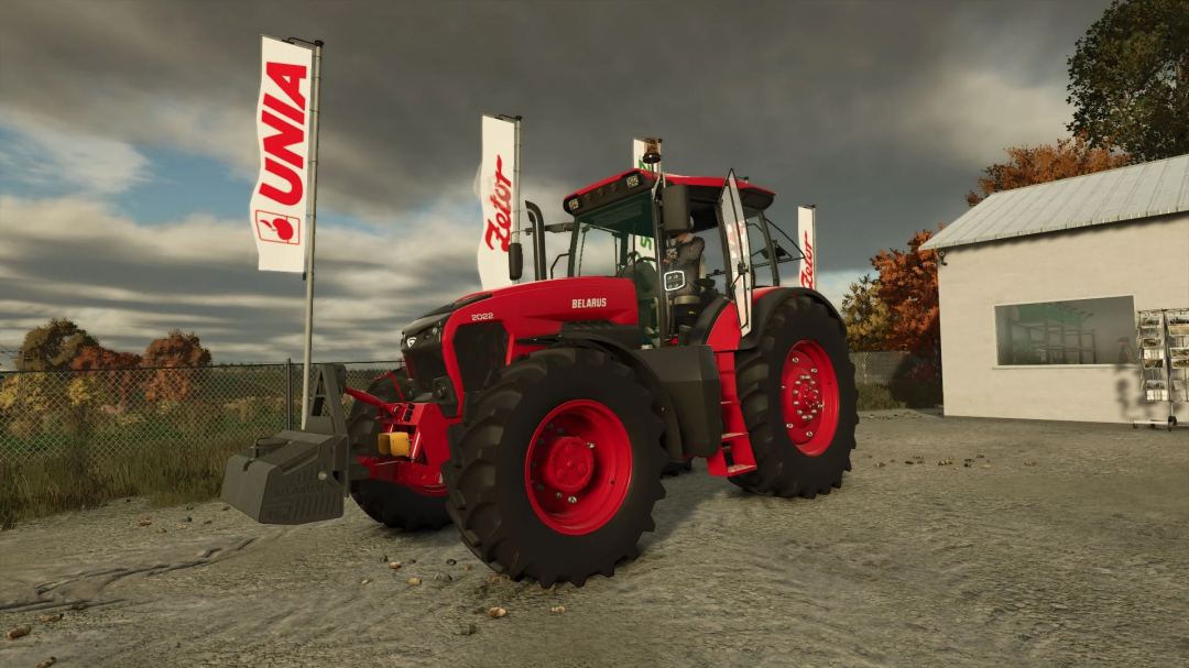 Farming Simulator 25 mod: Red Belarus tractor with large tires and front weight, displayed outdoors with farm signs and barn in the background.