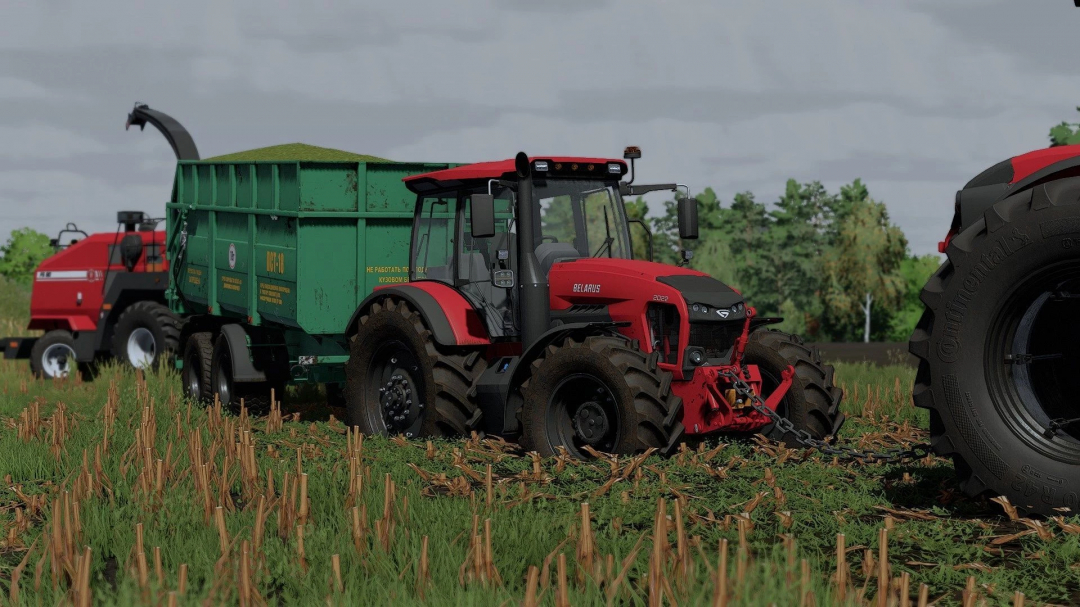 Farming Simulator 25 mod featuring a Belarus MTZ 2022 tractor with farming attachments, in a lush field setting.