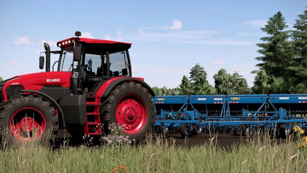 Red Belarus tractor with blue farming implement in a field, from FS25 mods in Farming Simulator 25.