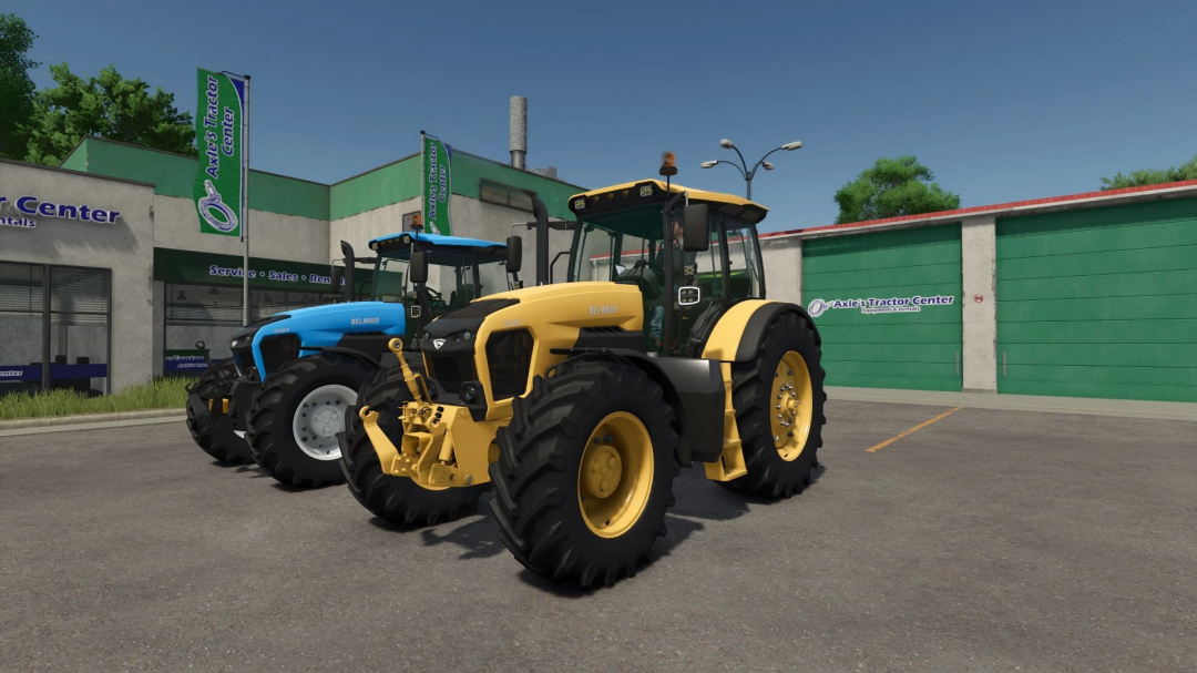 Two Belarus tractors parked outside Axle's Tractor Center, showcasing FS25 mods in Farming Simulator 25.