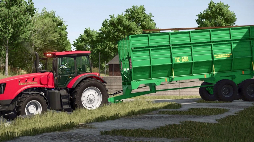 Farming Simulator 25 mod: red tractor pulling a green trailer on a farm with trees and grass.