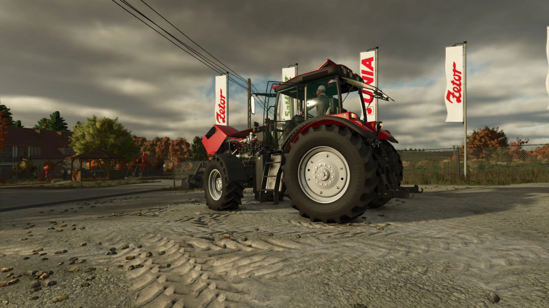 Farming Simulator 25 mods, MTZ 3022 v1.0.1.0 tractor mod showcased on a dirt lot with farm flags in Farming Simulator 25.