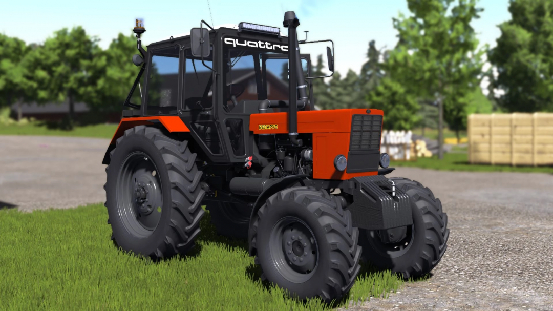 Farming Simulator 25 mod: MTZ 82.1 Turbo tractor with orange body and large tires, showcased on a farm setting.
