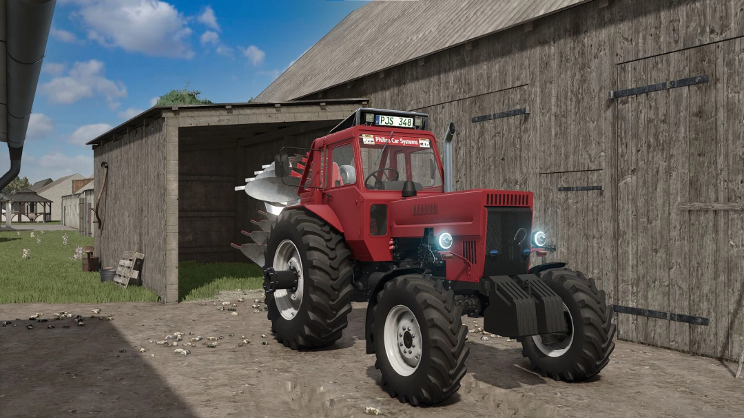Farming Simulator 25 mod: Red MTZ 82 Turbo tractor parked outside a wooden shed, with plow attached, in a farm setting.