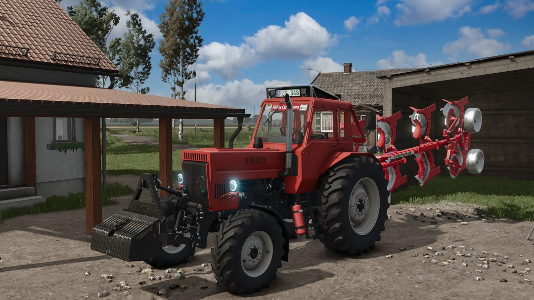 Farming Simulator 25 mod featuring the MTZ 82 Turbo tractor with a plow attachment, realistic farm equipment for FS25 gameplay.