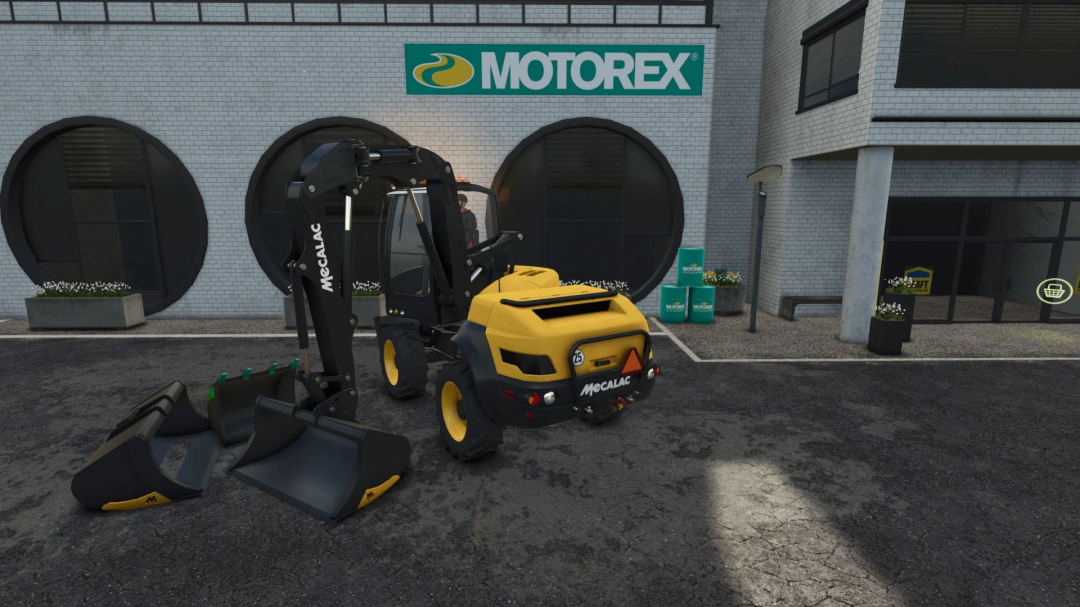 Farming Simulator 25 mod: Mecalac MTX12 compact loader with buckets in front of Motorex building.