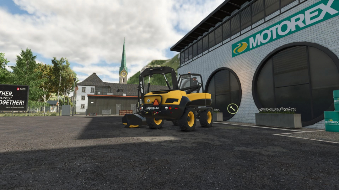 Farming Simulator 25 mod featuring the Mecalac MTX12 compact loader outside a building with Motorex sign, detailed 3D model