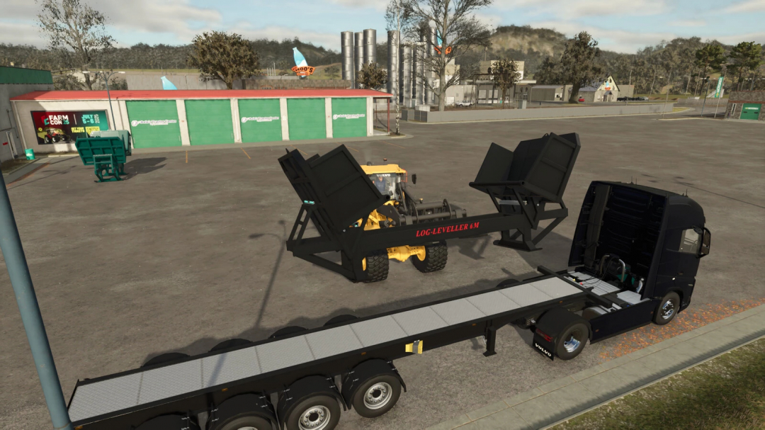 Farming Simulator 25 mods, showing a logging machinery transport truck and a Mechanical Log Leveller Pack mod in a parking lot.
