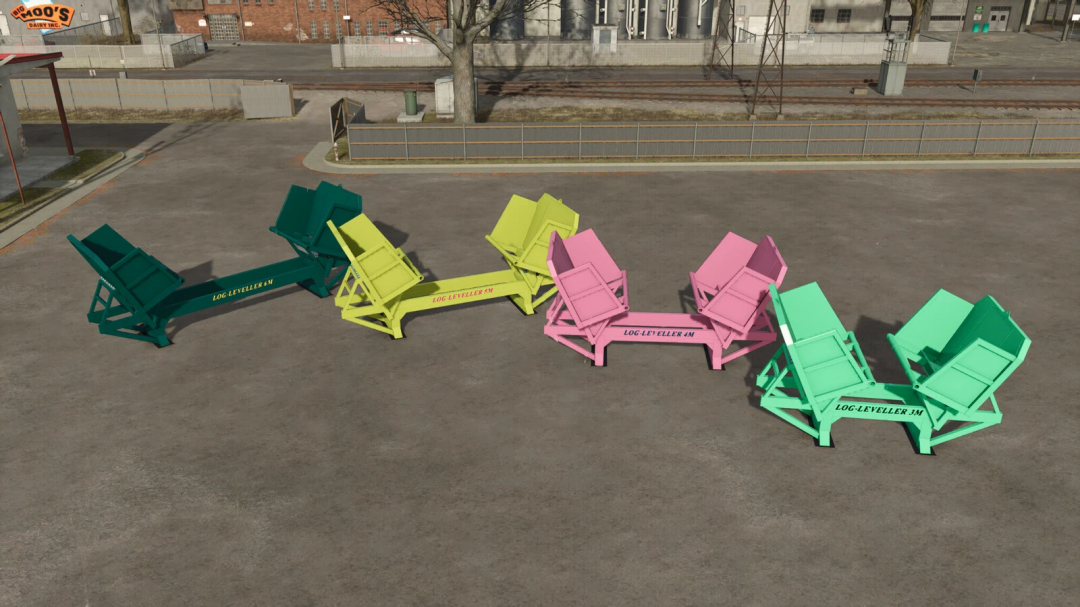 Colorful Log Leveler packs in green, pink, yellow, and teal, displayed in Farming Simulator 25, designed for mods like this.