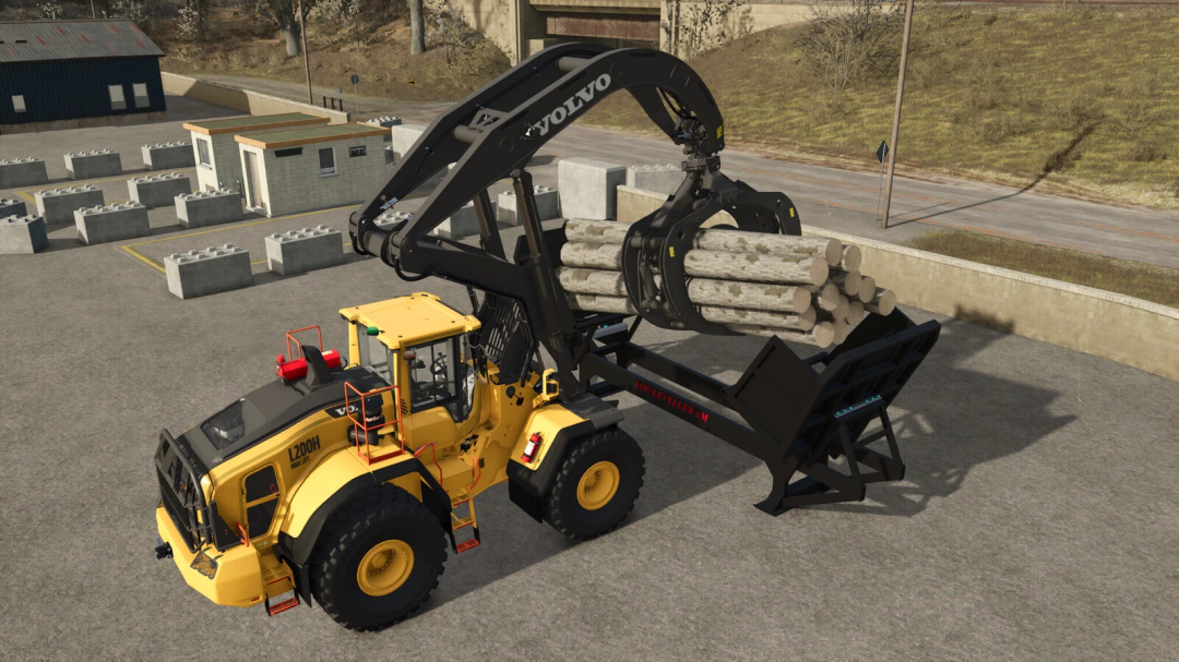 Farming Simulator 25 mods: Volvo wheel loader with mechanical log leveller pack lifting logs for forestry tasks.