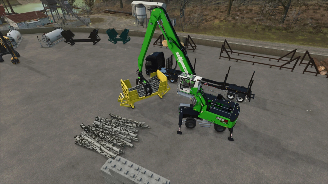 Farming Simulator 25: Green Sennebogen log lift crane with yellow log carrier, next to logs and other forestry equipment.