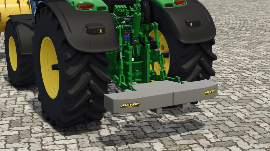 Farming Simulator 25 mod: Meyer Weight Pack v1.0.0.0 attached to a tractor's rear for farming tasks.