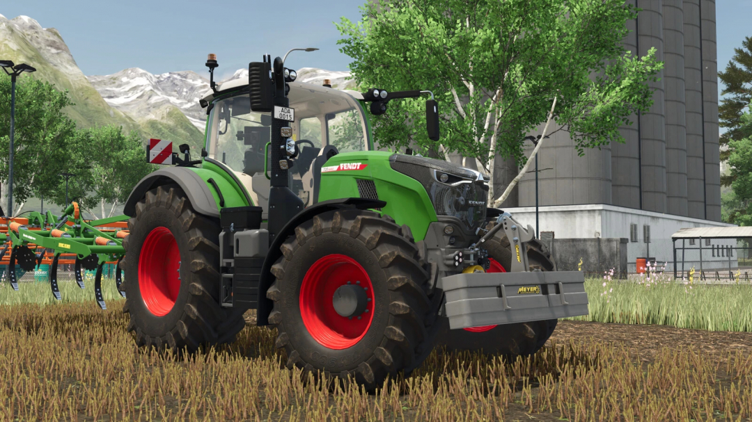 Farming Simulator 25 mod: green Fendt tractor with Meyer Weight Pack v1.0.0.0 for enhanced farming capabilities.