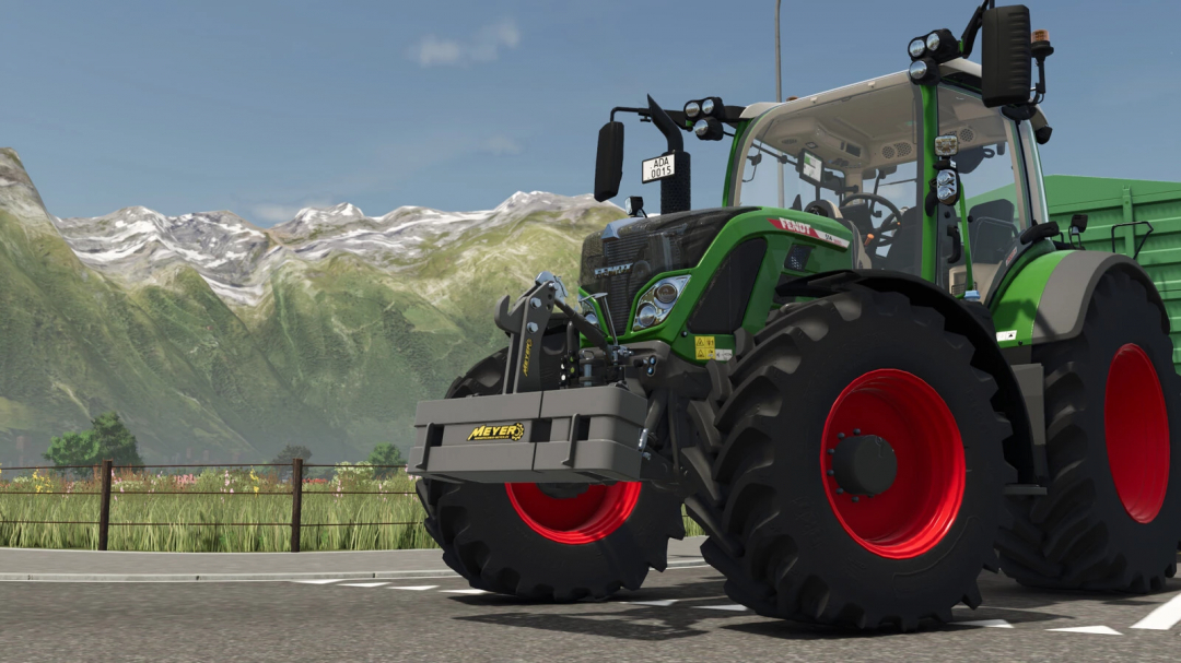 Farming Simulator 25 mod showing a green Fendt tractor with Meyer Weight Pack v1.0.0.0 in a scenic mountainous farm setting.