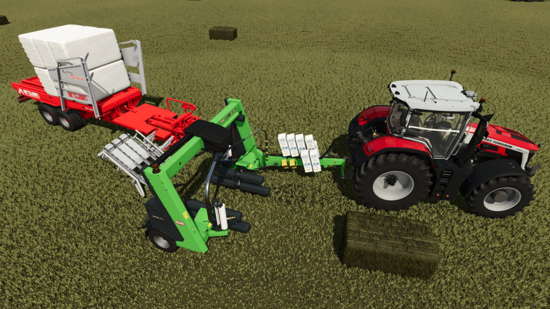Farming Simulator 25 mod: tractor with mower and wrapper with hitch for grass harvesting, shown on a grassy field.