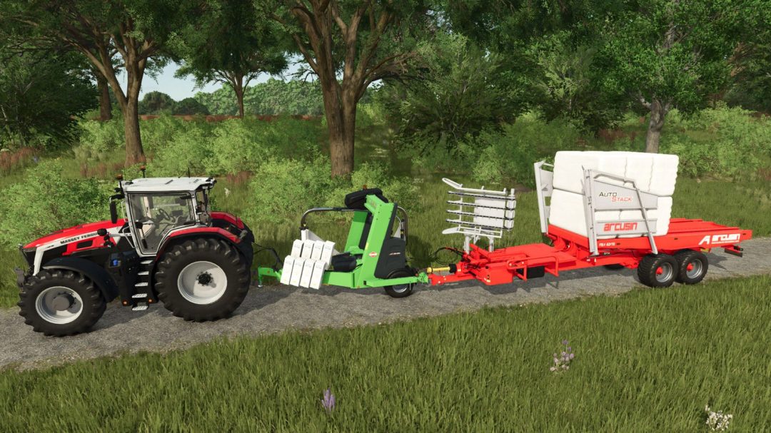 Farming Simulator 25 mod featuring a tractor towing a mower and wrapping equipment with hitch for agricultural tasks.