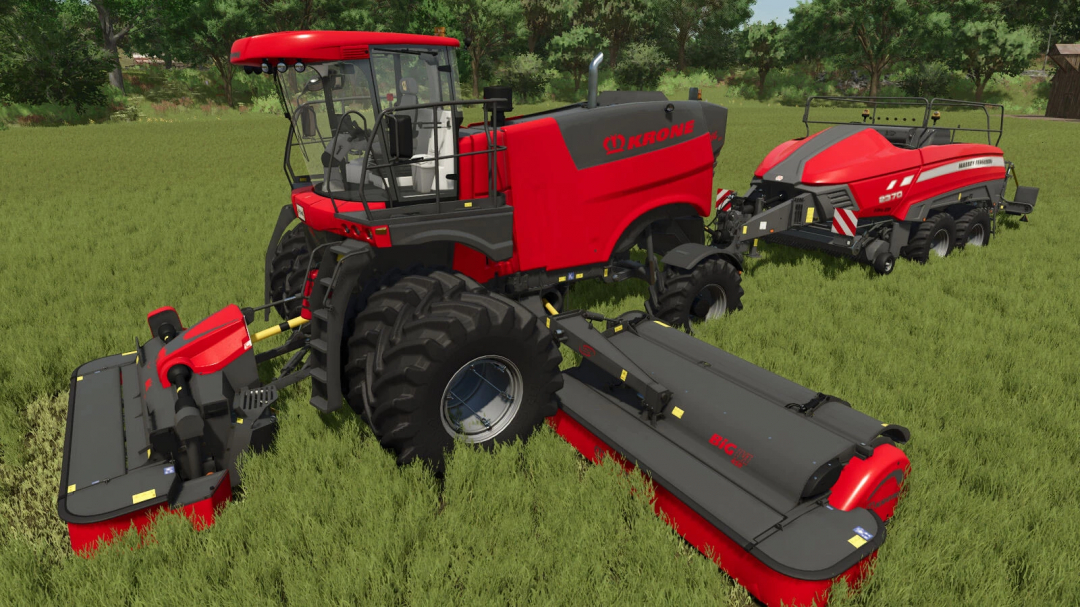 Farming Simulator 25 mods featuring a Krone mower and wrapper with hitch on a grassy field.