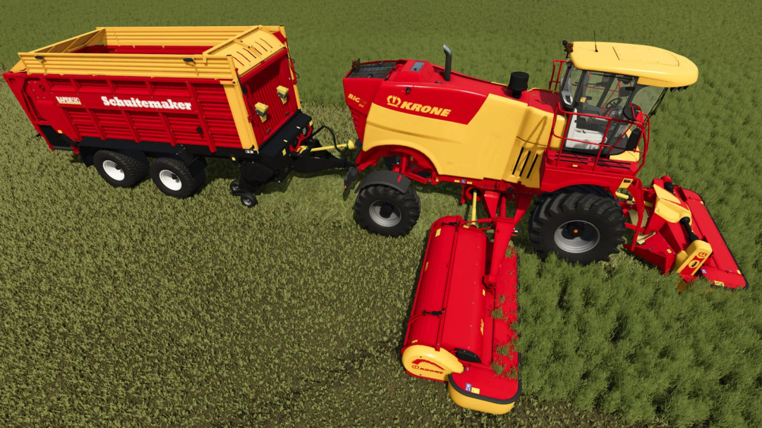 Farming Simulator 25 mod: Krone mower and wrapper with hitch attached to a farming vehicle on a field.