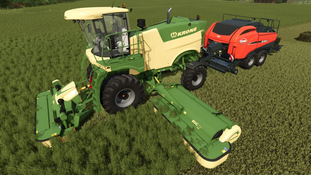 FS25 mod: Krone mower and wrapper with hitch attached to a large farming vehicle on a green field.