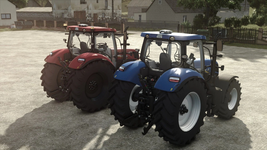 Two New Holland tractors, blue and red, from Farming Simulator 25 mods, parked on a farm yard.