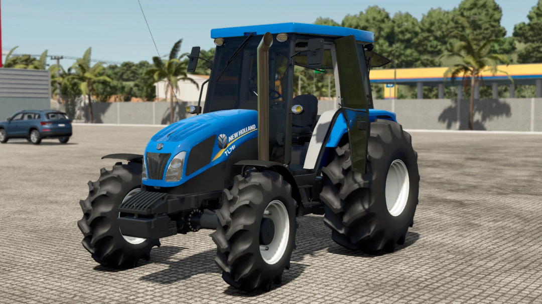 Farming Simulator 25 mod: New Holland TL Exitus Series 2014 tractor on a paved lot, detailed and realistic for farming gameplay.