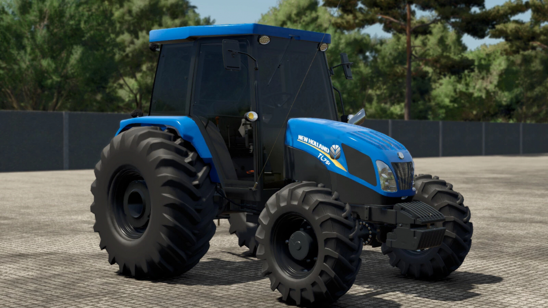 Farming Simulator 25 mod featuring the New Holland TL Exitus Series 2014 tractor with blue and black design, large tires, in-game screenshot.