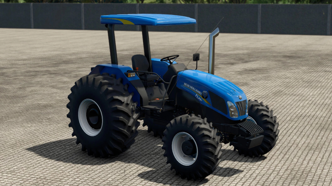 Farming Simulator 25 mod: New Holland TL Exitus Series 2014 tractor on a tiled surface, showcasing detailed blue design and large rugged tires.
