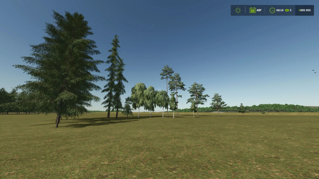 Farming Simulator 25 mod featuring new trees types and increased tree limit, shown with various tree models on a farm landscape.