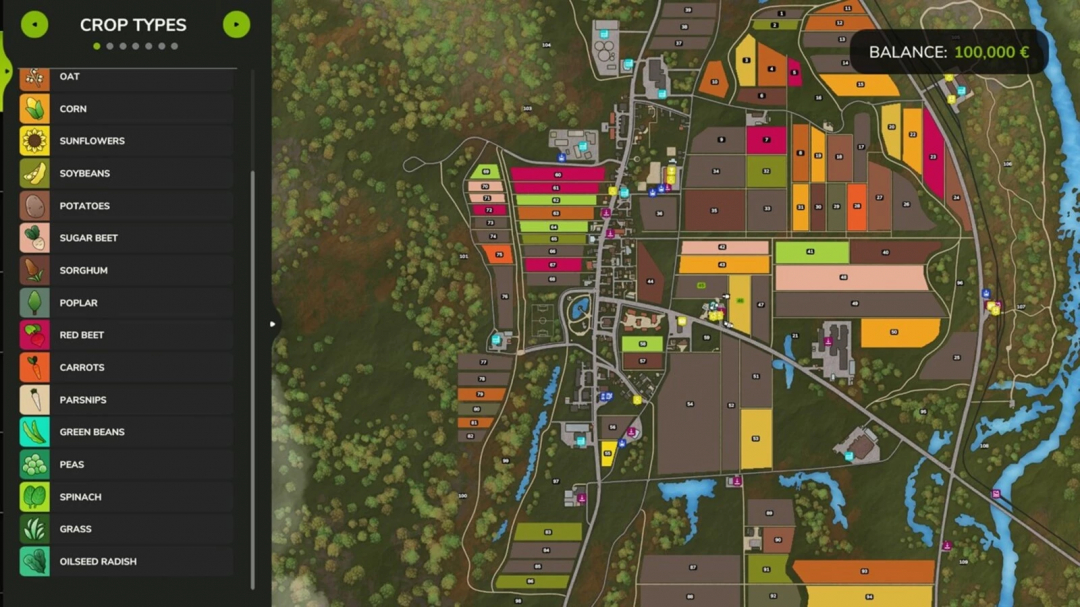 Farming Simulator 25 map showing various crop fields with different colored areas, and a crop types menu on the side.