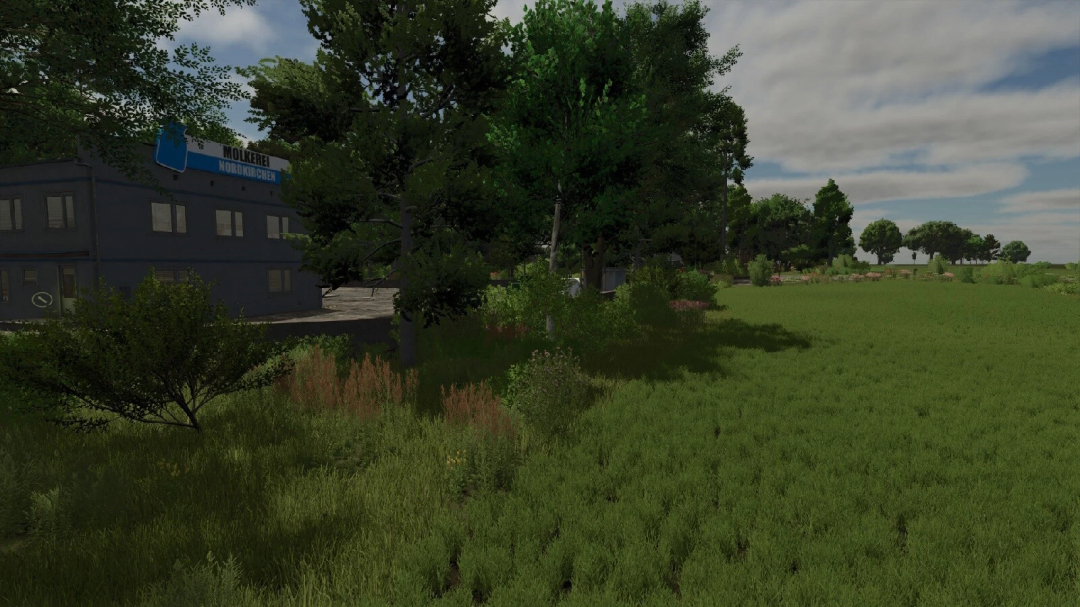 Farming Simulator 25 mod: Nordkirchen Map v1.0.0.0 features lush greenery and rural scenery.