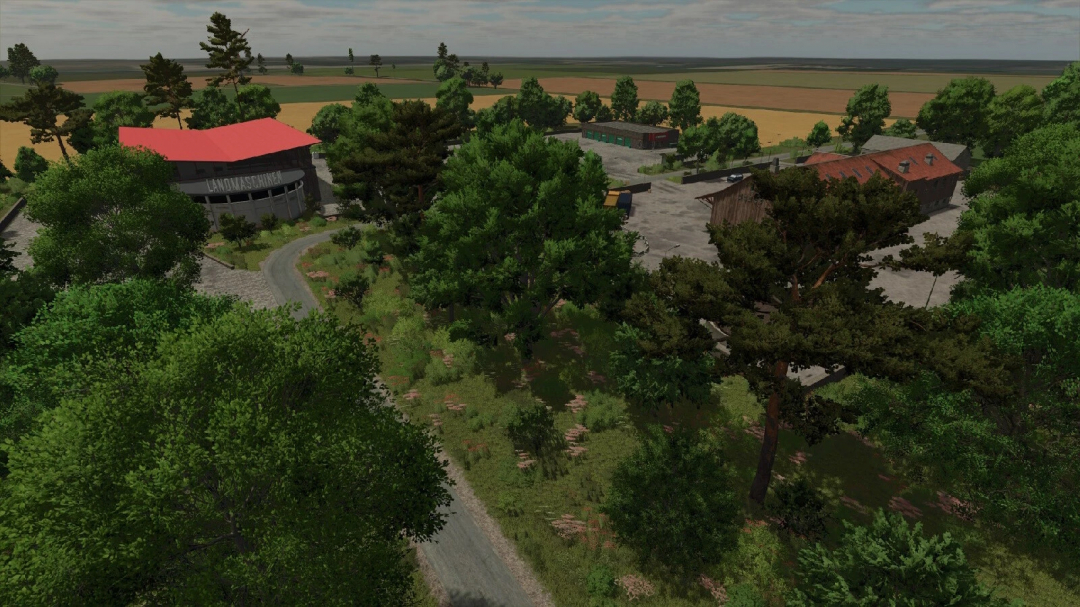 A rural scene from Farming Simulator 25 with trees, buildings, and a parking area on the Nordkirchen Map v1.0.0.0 mod.