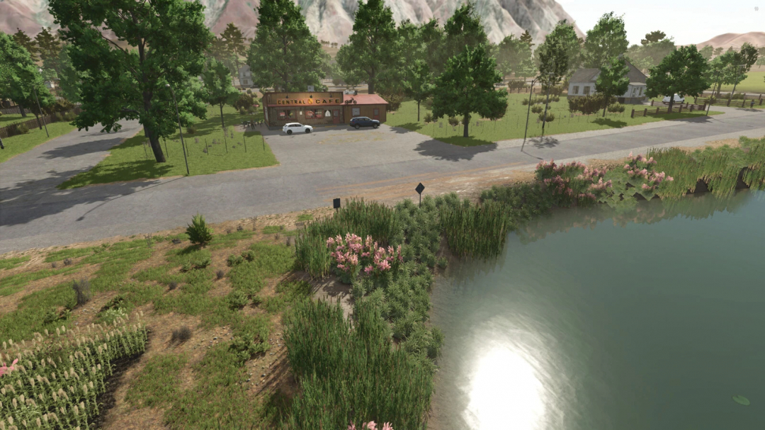 Farming Simulator 25 mod: a lakeside scene in Oak City with a cafe, trees, and water reflection for immersive gameplay.