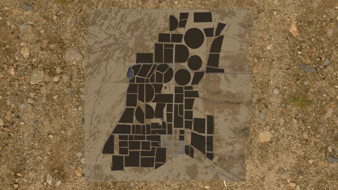 Map of Oak City in Farming Simulator 25 mods, showing streets and lots, placed on dirt ground.