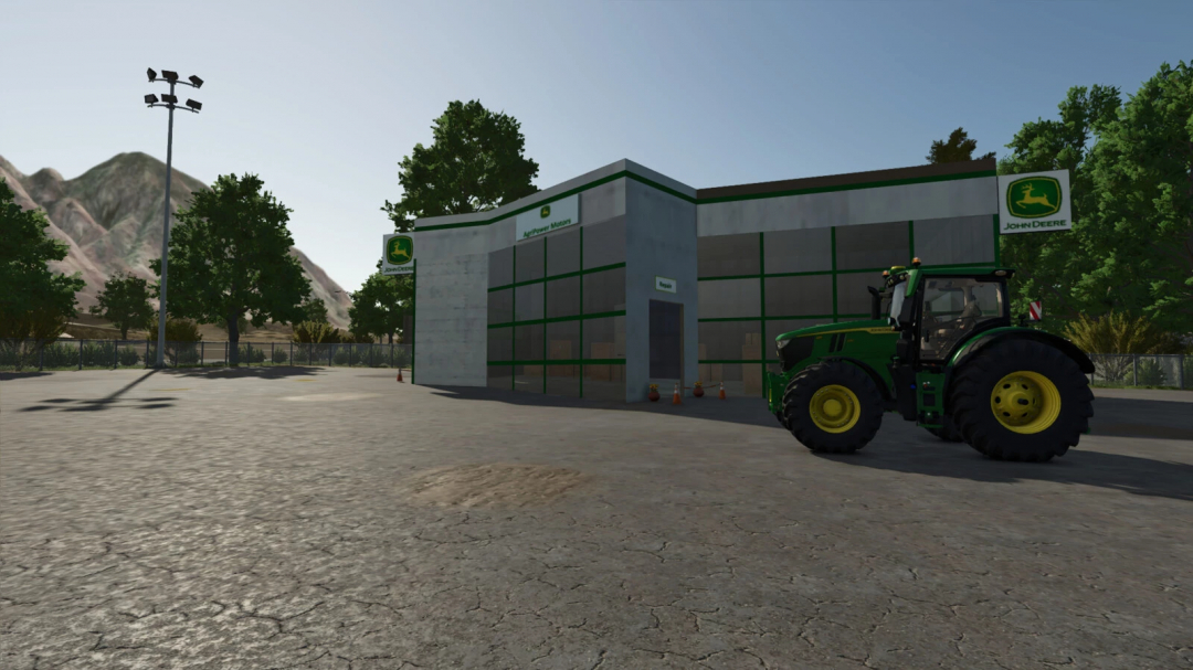 Farming Simulator 25 mod showcasing a John Deere dealership with a tractor outside, part of Oak City v1.0.0.0.