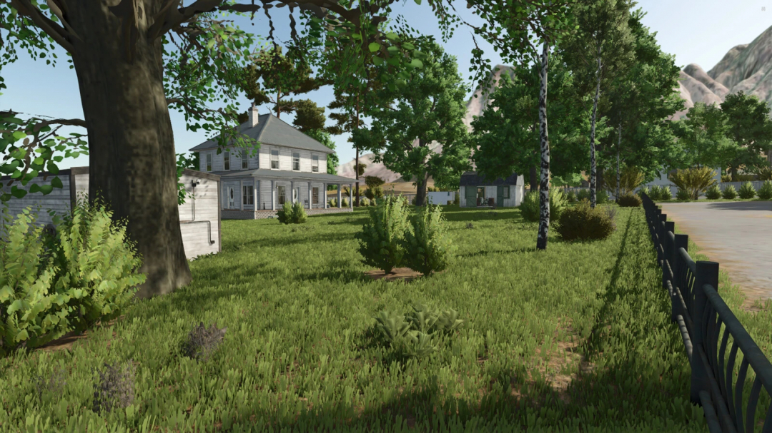 Farming Simulator 25 mod scene featuring Oak City v1.0.0.0, a scenic rural area with trees, houses, and lush greenery.