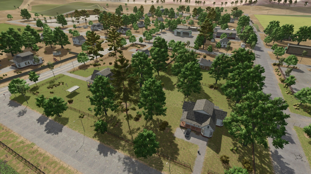 A detailed view of Oak City in Farming Simulator 25 with lush trees, houses, and roads, showcasing FS25 mods for realistic gameplay.