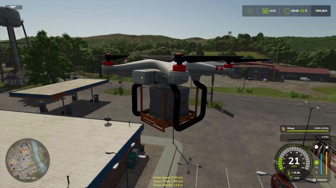 Farming Simulator 25 mod: Pallet Drone v1.0.0.0, a drone for automated pallet delivery, shown flying over a farm area.