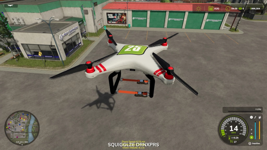 Farming Simulator 25 mod: Pallet Drone v1.0.0.0, a drone used for delivering pallets in the game, shown in a parking lot with surrounding buildings.