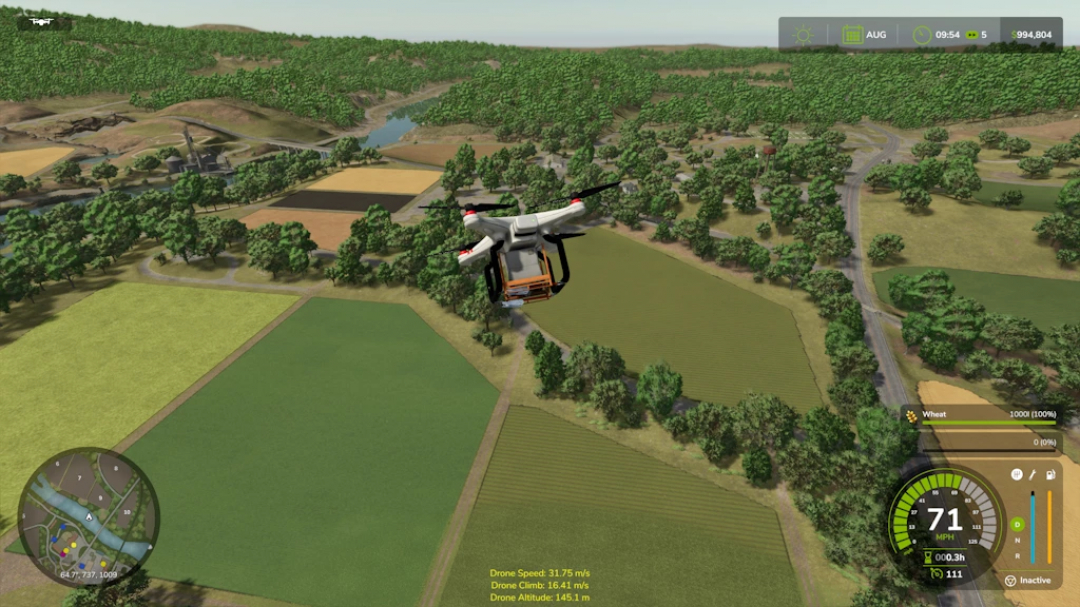 Farming Simulator 25 mod showcasing the Pallet Drone v1.0.0.0 flying over farmland, with a detailed minimap and crop fields in the background.