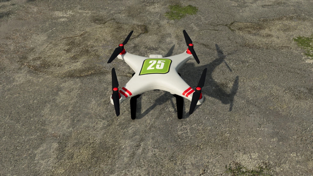 Farming Simulator 25 mods: Drone with pallet carrying capability, shown on the ground, part of the Pallet Drone v1.0.0.0 mod.